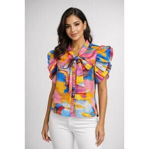 TRUTH Colorful Abstract Blouse M Flutter Sleeve Tie Neck Avant Garde Top Artwear